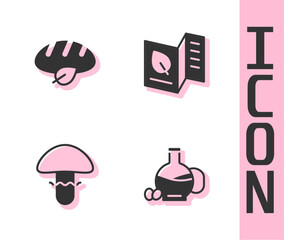 Set Bottle of olive oil, Vegan bread loaf, Mushroom and Vegetarian food menu icon. Vector