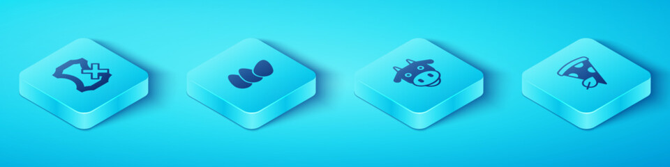 Set Isometric No leather, Chicken egg, Vegan pizza slice and Cow head icon. Vector