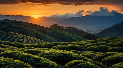 tea plantation sunset with orange light