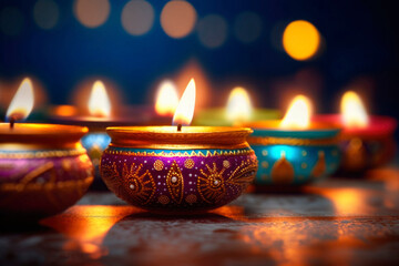 Indian traditional candles and oil lamps for happy Diwali celebration