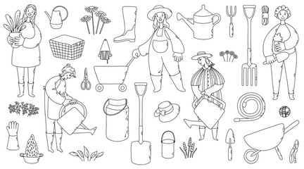 Big garden vector set with gardeners, tools, plants and other. Outline illustration
