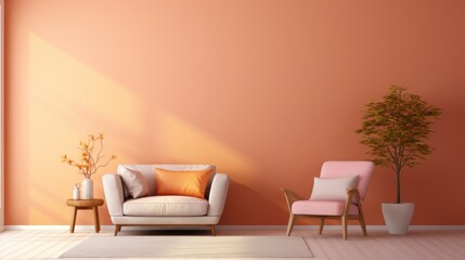 Stylish minimalist monochrome interior of modern living room in pastel orange and beige tones. Trendy couch and armchair, coffee table, houseplant. Creative interior design. Mockup, 3D rendering.