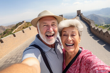 Obraz premium A happy elderly tourist couple take a selfie in China with the Great Wall in the background. Travel retirement concept. AI generated.