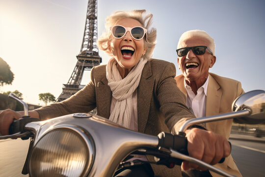 Happy elderly couple of tourists ride a scooter in France in Paris. Travel retirement concept. AI generated.