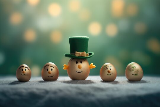 eggs in the form of a leprechaun with green caps and gold on a wooden table on a blurred background. . patrick's day