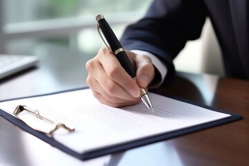 Close-up of the hand of an executive signing a document with a fountain pen