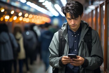 Young Asian man looking at his smartphone on public transport