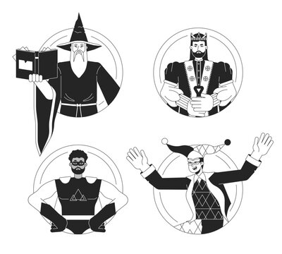 People archetypes flat line black white vector characters set. Wizard, king, superhero. Editable outline half body person. Simple cartoon isolated spot illustrations collection for web graphic design