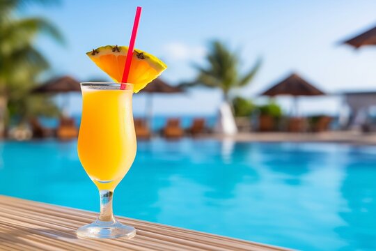 Pineapple cocktail by a pool in a holiday resort.