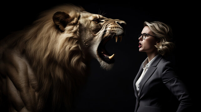 Resilient Bold Business Woman Facing A Roaring Lion. Lion And A Woman. Isolated Black Background. Generative AI.