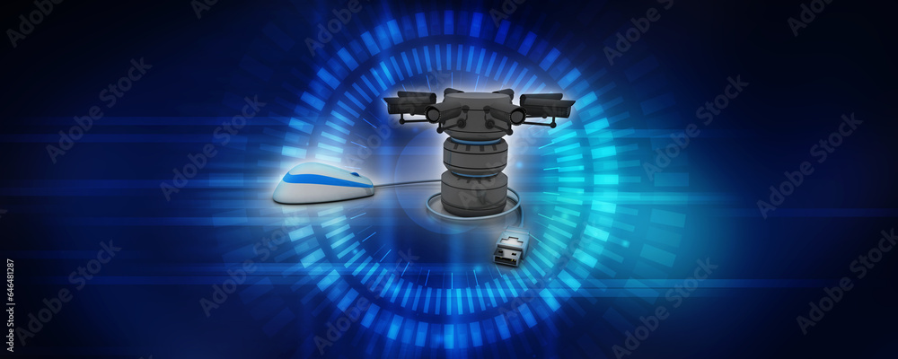 Poster 3d rendering surveillance cctv security camera connected database near mouse