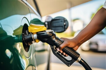 An African-American man is refueling his car. Close up shot. - obrazy, fototapety, plakaty