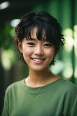 Photo of teen japan girl smiling portrait against light green background in studio. Image created using artificial intelligence.