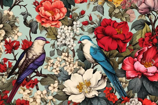 Decorative garden pattern with vintage charm featuring traditional flowers and birds. Generative AI