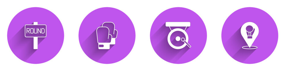 Set Boxing ring board, glove, gong and icon with long shadow. Vector