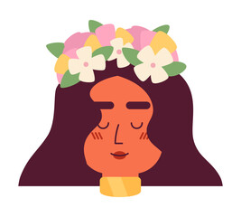 Pretty brunette woman semi flat vector character head. Closed eyes. Editable cartoon avatar icon. Face emotion. Colorful spot illustration for web graphic design, animation