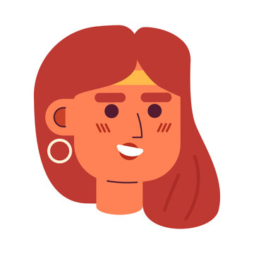 Cheerful red haired girl semi flat vector character head. Pretty woman with accessory in hair. Editable cartoon avatar icon. Face emotion. Colorful spot illustration for web graphic design, animation