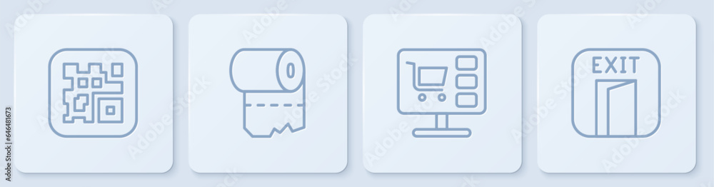 Poster set line qr code, shopping cart on computer, toilet paper roll and fire exit. white square button. v
