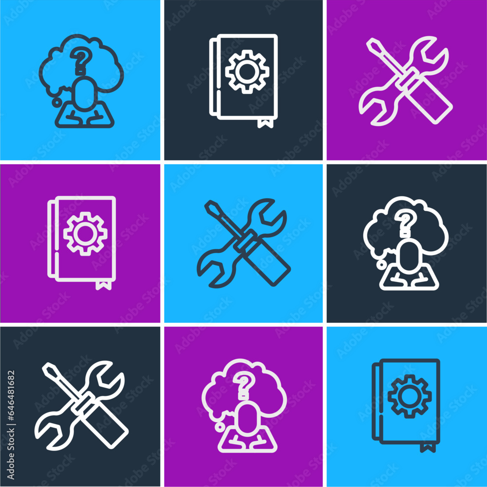 Poster set line head with question mark, screwdriver and wrench spanner and user manual icon. vector
