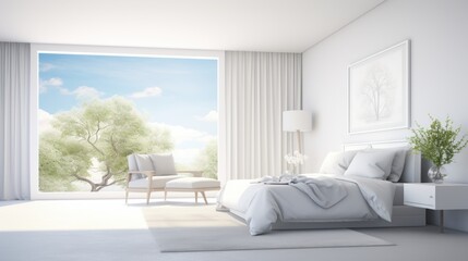 Interior of white minimalist scandi bedroom in luxury cottage or hotel. Large comfortable bed, side tables, armchair, panoramic windows with scenic landscape view. Ecodesign. Mockup, 3D rendering.