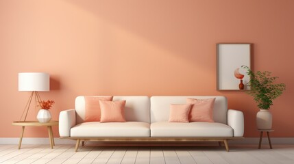 Stylish minimalist monochrome interior of modern living room in pastel orange and beige tones. Trendy couch, coffee table, houseplant, poster template. Creative interior design. Mockup, 3D rendering.