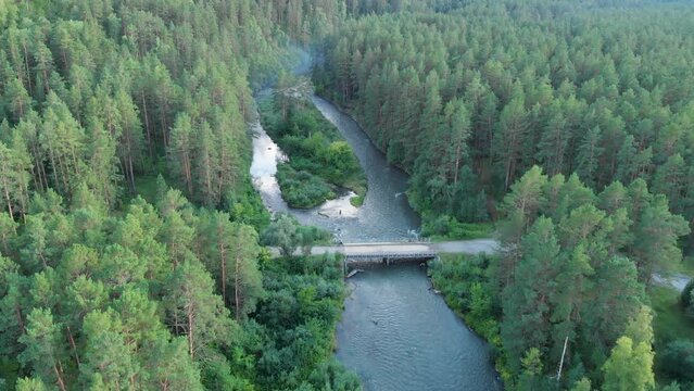 Aerial view from drone to mountain Sema river in Altai mountains, Russia. Aerial drone 4k video.