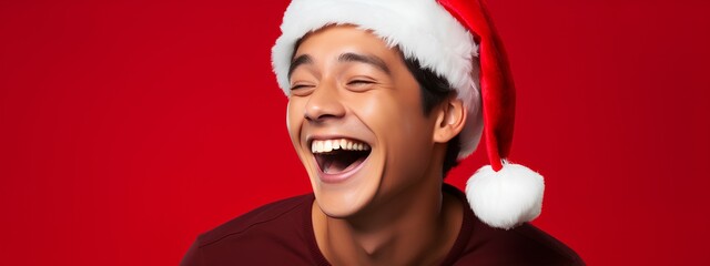 handsome guy smile and celebrate christmas with red background 