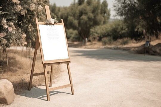 Outdoor Wedding Welcome Sign Seating Chart Mockup On A White Board With A Greeting Template And Clipping Path. Generative AI