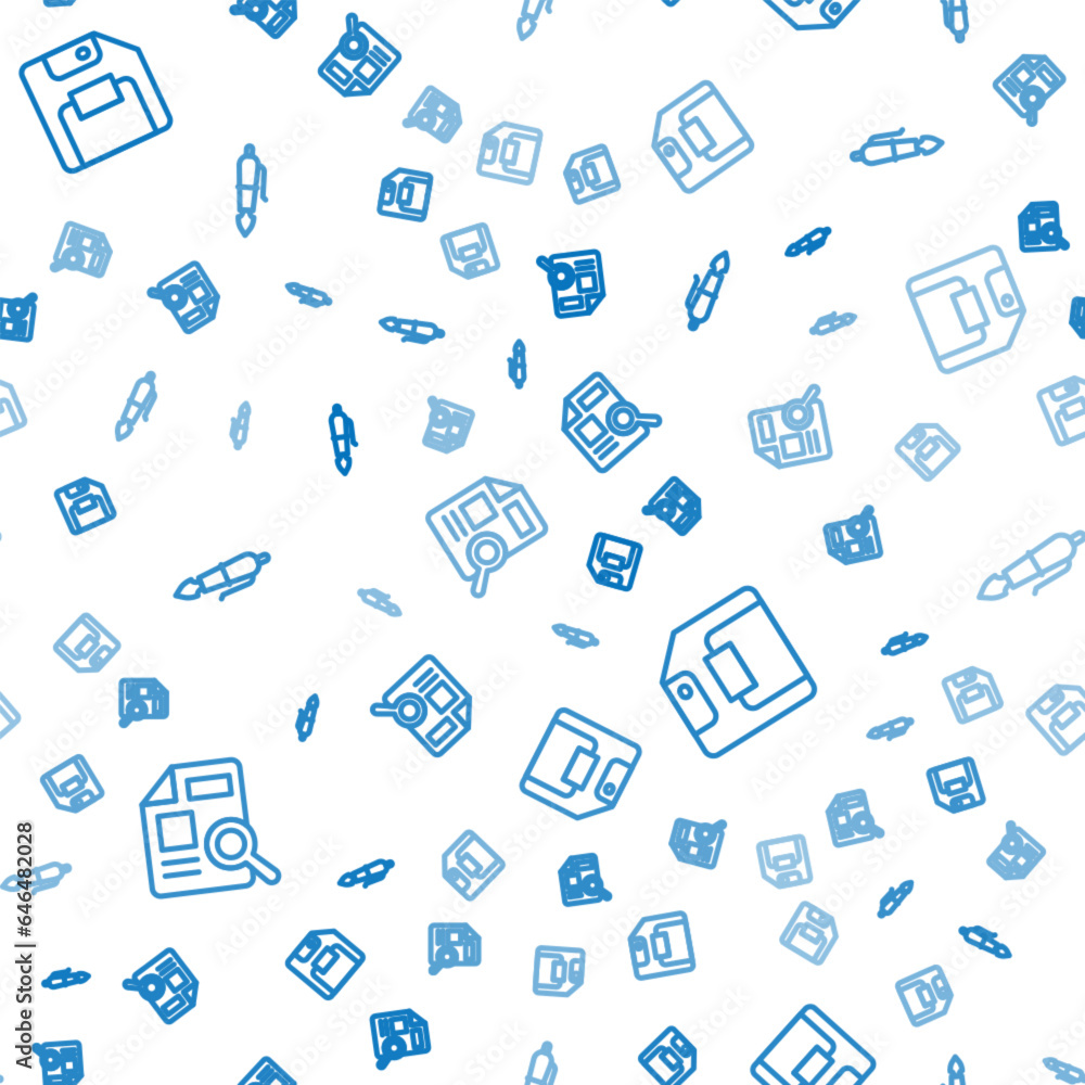 Poster set line document with graph chart, floppy disk and fountain pen nib on seamless pattern. vector