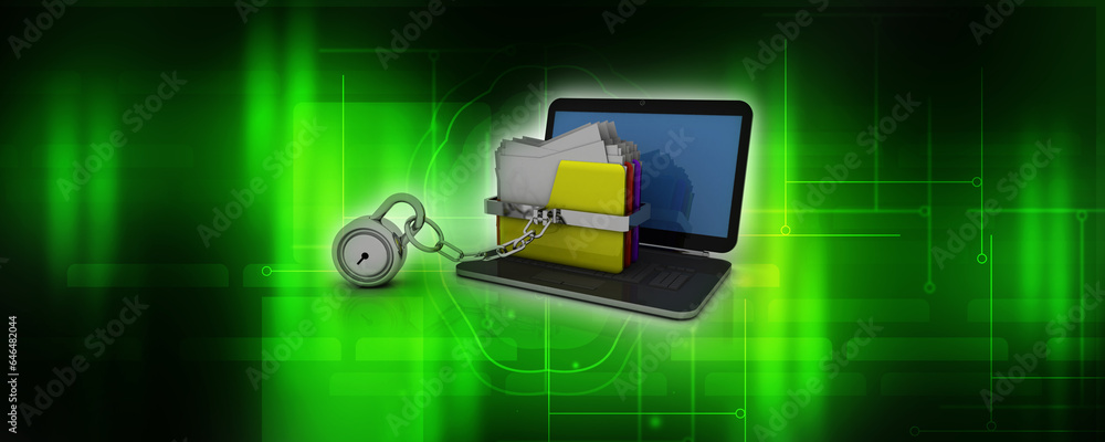 Poster 3d rendering folder on laptop with lock