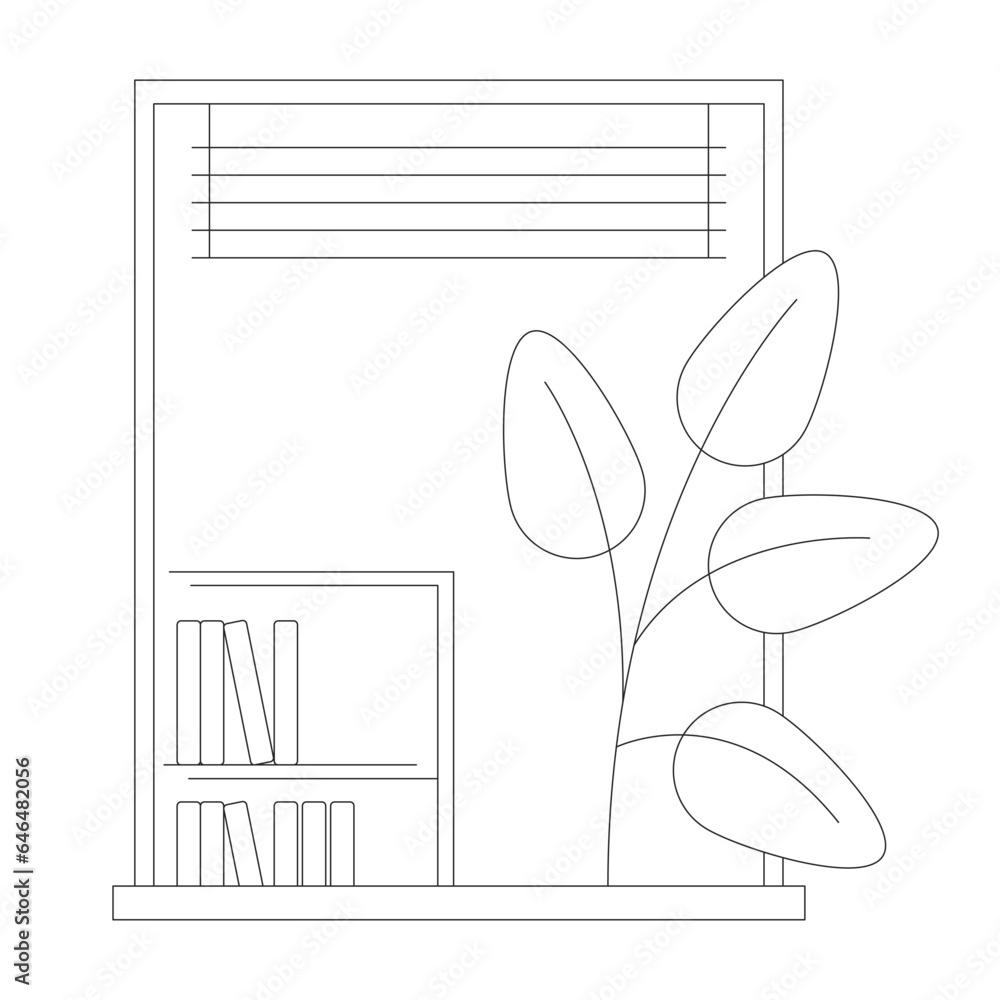 Poster plant near open window bw concept vector spot illustration. french balcony architecture 2d cartoon f