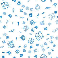 Set line Document with graph chart, Floppy disk and Fountain pen nib on seamless pattern. Vector