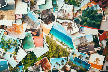Top view of A collage of many photos. Lots of vacation travel photos. - obrazy, fototapety, plakaty