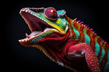 Obraz premium colorful chameleon about to snap it's tounge - vibrant reptile isolated on black background - generative ai