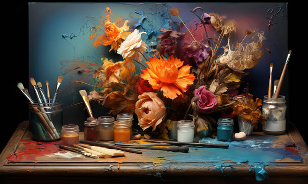 Abstract colorful painting on a desktop with tools.