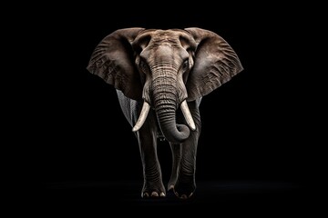 elephant walking with majesty and strength - impressive tusk with wrinkled skin - isolated on black background - generative ai