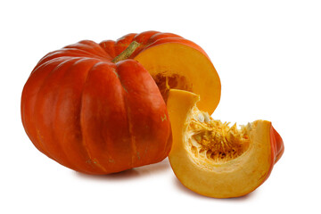 Whole pumpkin and slice on white