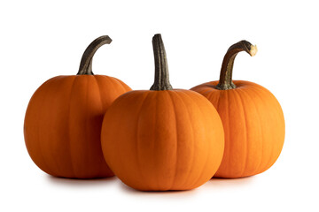 Three orange pumpkins on white