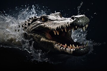crocodile head snapping out of the water with a splash - isolated on black background - sharp teeth of a strong predator