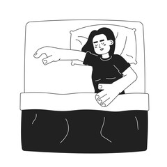Tired latina woman sleeping monochromatic flat vector character. Lying on pillow. Cover with blanket. Editable thin line full body person on white. Simple bw cartoon spot image for web graphic design
