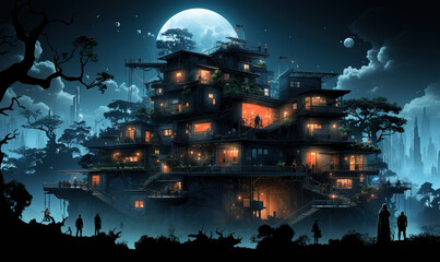 Abstract multi-level house with people at dusk.