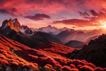 A panoramic view of a mountain range at sunrise, with the first light of day painting the peaks in shades of pink and orange. - obrazy, fototapety, plakaty
