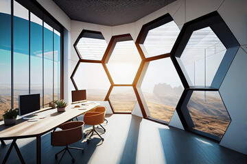 Large bright office space with glass hexagonal panoramic windows and glass partitions between offices. AI generative.