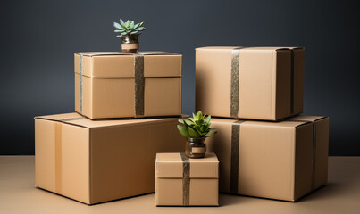 A group of closed cardboard boxes on a table.