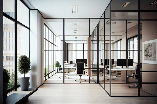 Large bright office space with glass partitions and panoramic windows. AI generative.