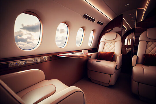 The cabin of a private small jet aircraft. Interior with leather armchairs and a sofa.