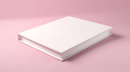 A white closed book with a blank cover lies on a pink pastel background