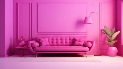 Fototapeta na wymiar Stylish minimalist monochrome interior of modern cozy living room in pastel pink and purple tones. Trendy couch, coffee table, floor lamp, plant in a vase. Creative home design. Mockup, 3D rendering.