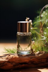 glass Vial with liquid on a piece of wood, plants and flowers in the background, close-up. cosmetics with plant extracts. 