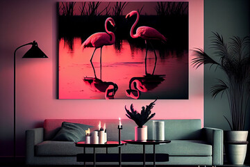 Pink flamingos on a pond in the rays of sunset, decorating the wall of a living room.